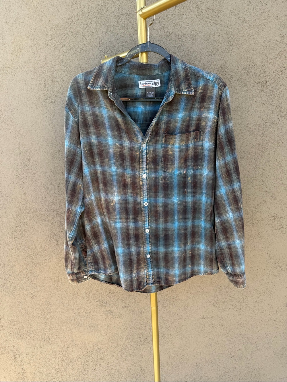 Y2K Blue Brown Plaid Flannel Distressed Bleach Grunge Button Collar Fall Shirt - Picture 2 of 8